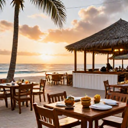 Caribbean Holidays, Caribbean Tours May, Friendly Caribbean beachfront restaurant at sunset with local food, outdoor tables and relaxed holiday atmosphere