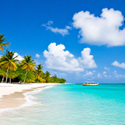 Caribbean Holidays, Caribbean Tours May, Sunny Caribbean beach in May with turquoise water, palm trees and a small island boat