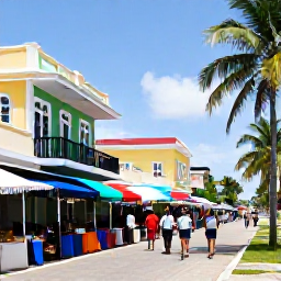 Caribbean Holidays, Caribbean Tours, Visitors walking through a colourful Caribbean town with colonial buildings, market stalls and palm trees