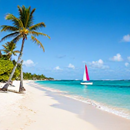 Caribbean Holidays, Caribbean Travel Companies, A bright Caribbean beach with turquoise water, palm trees and a small sailboat near the shore