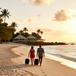 Caribbean Holidays, Caribbean Travel Companies, A couple walking along a quiet Caribbean beach at sunset with luggage and a small resort in the background