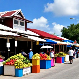 Caribbean Holidays, Caribbean Travel Guide, A Caribbean island market with colourful fruit stalls, friendly local shoppers and traditional buildings