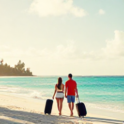 Caribbean Holidays, Caribbean Travel Guide, A couple walking along a peaceful Caribbean beach in warm morning light with luggage nearby