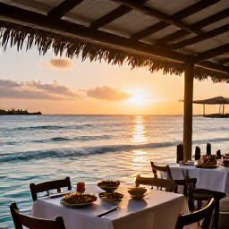 Caribbean Holidays, Caribbean Travel Guide, A relaxed Caribbean waterfront restaurant at sunset with outdoor tables, local food and gentle waves
