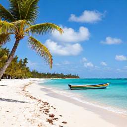 Caribbean Holidays, Caribbean Travel Guide, A sunny Caribbean beach with turquoise water, palm trees and a small colourful fishing boat
