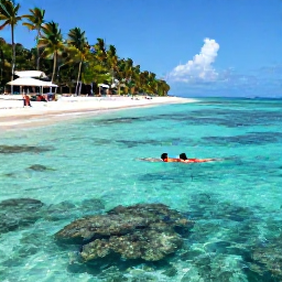 Caribbean Holidays, Caribbean Travel Guide, Travellers snorkelling above a clear Caribbean coral reef beside a palm-fringed beach