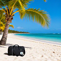 Caribbean Holidays, Caribbean Travel Tips, A relaxed Caribbean beach with turquoise water, palm trees and a small travel bag on pale sand