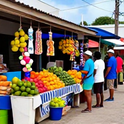 Caribbean Holidays, Caribbean Travel Tips, Friendly Caribbean market street with colourful fruit stalls, local crafts and visitors chatting with island residents
