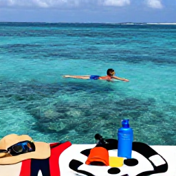 Caribbean Holidays, Caribbean Travel Tips, Visitors swimming in clear Caribbean water beside a coral reef, with sun protection and snorkelling equipment nearby