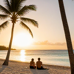Caribbean Holidays, Caribbean Twin Centre, Couple relaxing on a quiet Caribbean beach at sunset, with palm trees, warm golden light and calm turquoise water