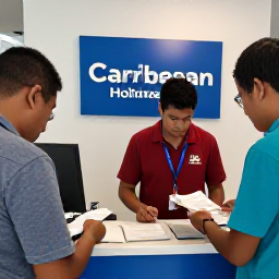 Caribbean Holidays, Caribbean Visas, Friendly airport immigration desk with travellers preparing documents for a Caribbean island arrival