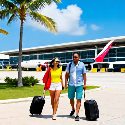 Caribbean Holidays, Caribbean Visas, Relaxed couple arriving at a colourful Caribbean airport with luggage and palm trees outside