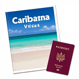 Caribbean Holidays, Caribbean Visas, Traveller checking passport and Caribbean travel documents beside a bright beach holiday guide