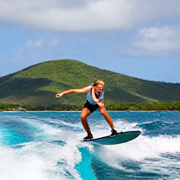 Caribbean Holidays, Caribbean Wakeboarding, Experienced wakeboarder jumping over a boat wake near a Caribbean island with green hills in the background