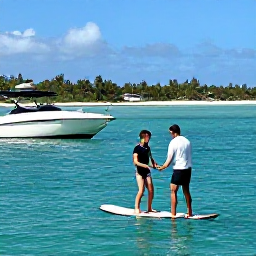 Caribbean Holidays, Caribbean Wakeboarding, Friendly Caribbean wakeboarding instructor helping a beginner prepare on a boat beside a calm tropical bay