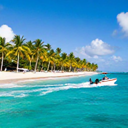 Caribbean Holidays, Caribbean Wakeboarding, Small Caribbean motorboat returning from a wakeboarding trip towards a sunny beach lined with palm trees
