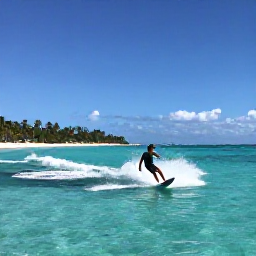 Caribbean Holidays, Caribbean Wakeboarding, Wakeboarder carving across clear turquoise Caribbean water with a palm-fringed beach and bright blue sky
