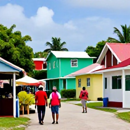 Caribbean Holidays, Caribbean Walking Holidays, A friendly Caribbean village scene with walkers meeting local residents near colourful houses, a small market and tropical plants