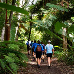 Caribbean Holidays, Caribbean Walking Holidays, A guided group of walkers crossing a shaded rainforest trail beneath tropical trees, with filtered sunlight and ferns along the path
