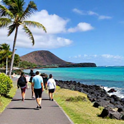 Caribbean Holidays, Caribbean Walking Holidays, A scenic coastal walking trail beside turquoise Caribbean sea, palm trees, volcanic hills and a small group of walkers in comfortable holiday clothing