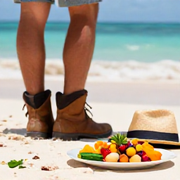 Caribbean Holidays, Caribbean Walking Holidays, A traveller resting at a Caribbean beach after a walk, with walking boots, a hat and a colourful local meal nearby