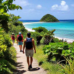 Caribbean Holidays, Caribbean Walking Holidays, Hikers following a scenic coastal trail through lush Caribbean vegetation, with turquoise sea and a small island in the distance