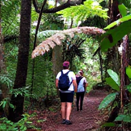 Caribbean Holidays, Caribbean Walking Holidays, Walkers exploring a lush Caribbean rainforest trail with ferns, tropical trees, filtered sunlight and a knowledgeable local guide