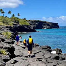 Caribbean Holidays, Caribbean Walking Holidays, Walkers on a rugged Caribbean coastal path above a calm turquoise bay, with volcanic cliffs, palms and bright sunlight
