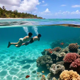 Caribbean Holidays, Caribbean Water Sports, A couple snorkelling above a colourful coral reef in clear turquoise Caribbean water, with tropical fish and a sandy beach in the background