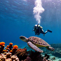 Caribbean Holidays, Caribbean Water Sports, A scuba diver exploring a vibrant Caribbean coral reef beside a sea turtle, with shafts of sunlight filtering through blue water