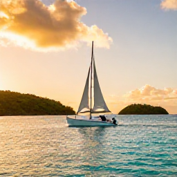 Caribbean Holidays, Caribbean Water Sports, A small sailing boat cruising across calm turquoise Caribbean water at sunset, with green islands and a golden sky beyond