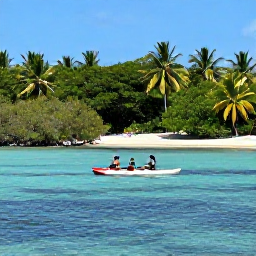 Caribbean Holidays, Caribbean Water Sports, Travellers kayaking through calm Caribbean mangroves near a white-sand beach, surrounded by lush tropical vegetation and clear blue water