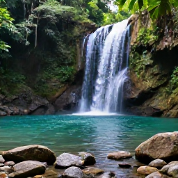 Caribbean Holidays, Caribbean Waterfalls, A peaceful Caribbean waterfall surrounded by lush tropical forest, clear emerald pool and smooth rocks, natural daylight
