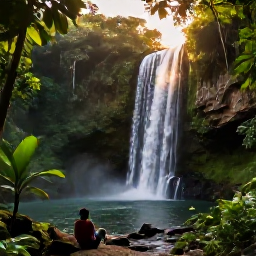 Caribbean Holidays, Caribbean Waterfalls, A quiet Caribbean waterfall viewpoint at golden hour, lush green forest, peaceful river and a traveller resting nearby