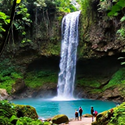 Caribbean Holidays, Caribbean Waterfalls, A tropical Caribbean waterfall surrounded by lush green rainforest, clear blue pool and visitors exploring a natural trail