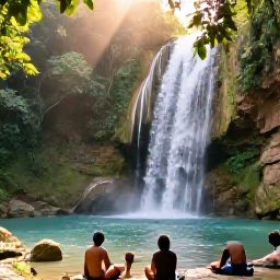 Caribbean Holidays, Caribbean Waterfalls, Peaceful Caribbean rainforest waterfall with a small group of visitors resting beside the pool in warm afternoon light