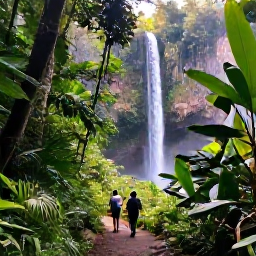 Caribbean Holidays, Caribbean Waterfalls, Travellers walking along a verdant Caribbean rainforest trail towards a waterfall, tropical plants and filtered sunlight