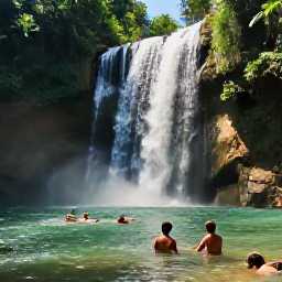 Caribbean Holidays, Caribbean Waterfalls, Visitors swimming and relaxing in a clear natural waterfall pool in the Caribbean, jungle surroundings and warm sunlight
