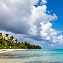 Caribbean Holidays, Caribbean Weather, Caribbean coastline with dramatic tropical clouds, palm trees and a calm turquoise lagoon