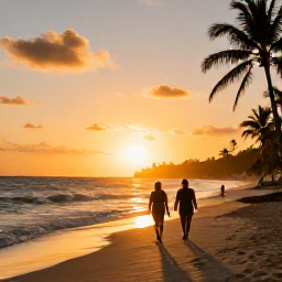 Caribbean Holidays, Caribbean Weather, Happy travellers walking along a sunny Caribbean beach at sunset, with gentle waves and palm silhouettes