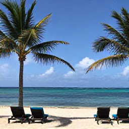 Caribbean Holidays, Caribbean Weather, Relaxed Caribbean resort scene with sun loungers, calm sea and light trade winds