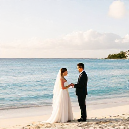 Caribbean Holidays, Caribbean Wedding, Bride and groom exchanging vows on a quiet Caribbean beach in Saint Martin, with turquoise sea and soft afternoon light