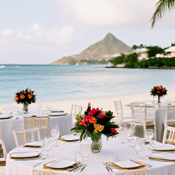 Caribbean Holidays, Caribbean Wedding, Elegant Caribbean wedding reception with tropical flowers, outdoor dining tables and sea views in Sint Maarten