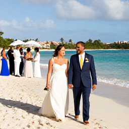 Caribbean Holidays, Caribbean Wedding, Newly married couple walking along a Caribbean beach with wedding guests in the background on Saint Martin
