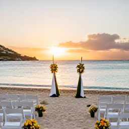 Caribbean Holidays, Caribbean Wedding, Romantic beach wedding ceremony at sunset on Orient Bay, Saint Martin, with flowers, chairs and calm turquoise water