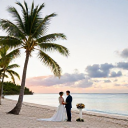 Caribbean Holidays, Caribbean Weddings, Bride and groom exchanging vows on a quiet Caribbean beach at sunset, with palm trees, calm turquoise water and a small floral wedding arrangement