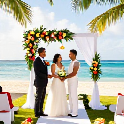 Caribbean Holidays, Caribbean Weddings, Caribbean wedding couple meeting a friendly resort wedding coordinator beside a decorated ceremony area, tropical flowers and ocean in the background