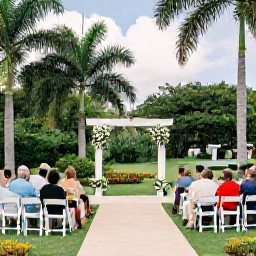 Caribbean Holidays, Caribbean Weddings, Elegant Caribbean resort wedding venue with tropical gardens, white chairs, simple floral decorations and guests enjoying a sunny afternoon