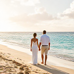 Caribbean Holidays, Caribbean Weddings, Newly married couple walking barefoot along a Caribbean beach after their ceremony, golden sunlight, turquoise sea and relaxed joyful atmosphere