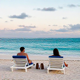 Caribbean Holidays, Caribbean Wellness, A couple relaxing on a quiet Caribbean beach in December, comfortable loungers, turquoise sea and a calm sunset atmosphere